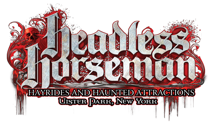 Headless Horseman Hayrides and Haunted Attractions logo; silvery olde english letters with dripping red flourishes